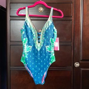 Lilly Pulitzer Jaspen One Piece Swimsuit Macaw Blue Coconut Row Engineered